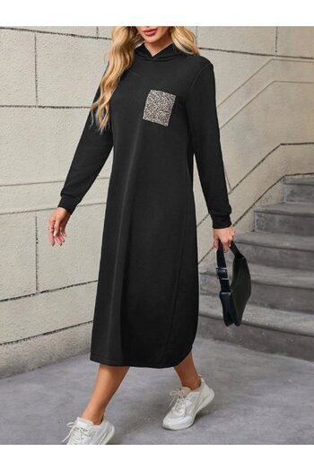 Modayakamoz New Season Women's Long Sleeve Hooded Pocket Detailed Viscose Two Thread Maxi Dress