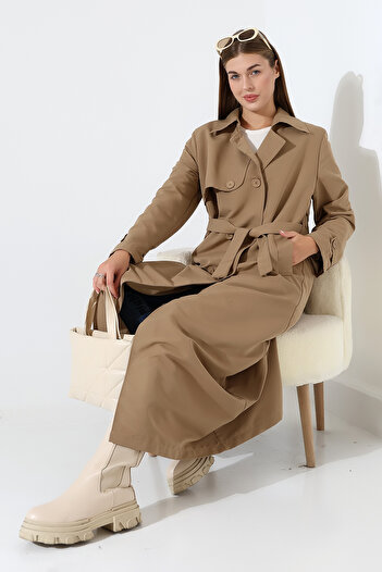 B.HE.Z Linen Fabric Long Length Buttoned Lined Soft Textured Trench Jeans Mink