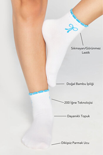 bamboo star Bamboo Women's Blue Ruffled Tennis College Bow Patterned Premium Seamless White Socks 3-Pack