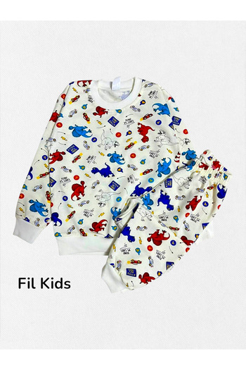 Fil Kids Boy's Cotton Fabric Ecru Colored Dinosaurs Patterned Long Sleeve Winter Pajama Set