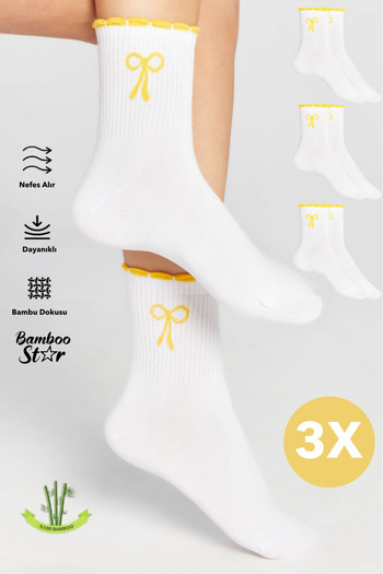 bamboo star Bamboo Women's Yellow Ruffled Tennis College Bow Patterned Premium Seamless White Socks 3-Pack