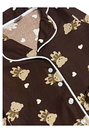 Fil Kids Mother-Daughter Cotton Suede Brown Teddy Bear Heart Pattern Long Sleeve Shirt Collar Winter Pajamas Set