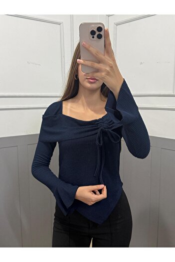 peri tower New Product Wrinkled Fabric Asymmetrical Cut Flounce Long Sleeve Blouse 0025