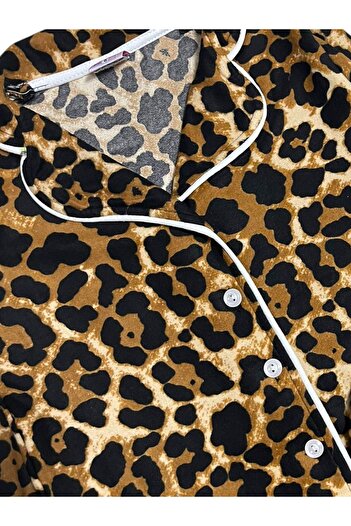 Fil Kids Mother-Daughter Cotton Suede Brown Leopard Piping Pattern Long Sleeve Shirt Collar Winter Pajamas Set
