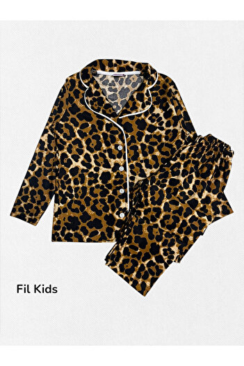 Fil Kids Mother-Daughter Cotton Suede Brown Leopard Piping Pattern Long Sleeve Shirt Collar Winter Pajamas Set