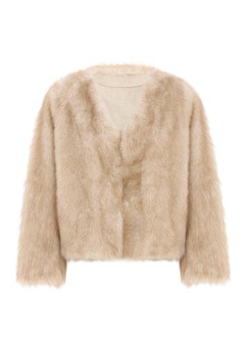 Olcay V Neck Crop Exclusive Fur Look Jacket Beige 1006