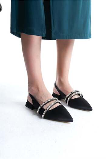 Les Passent Women's Black Satin Two Rows of Stones Open Back 2 cm Heeled Pointed Toe Ballerinas