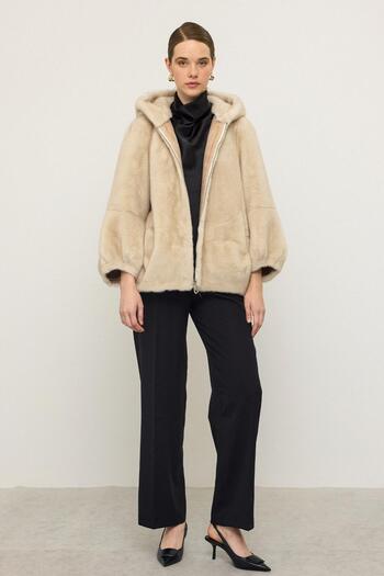 Olcay Exclusive Jacket with Hooded Zipper Closure and Fur Look Beige 1009