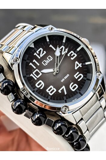 Q&Q Men's Digital Watch, Silver Steel Band, 5 Atm Water Resistant, with Bracelet Gift