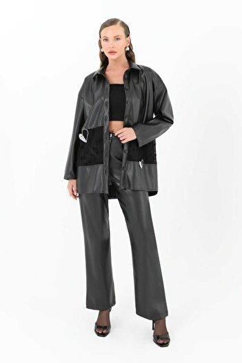 Soul Women's Faux Leather Mesh and Heart Stone Detailed Shirt 31971