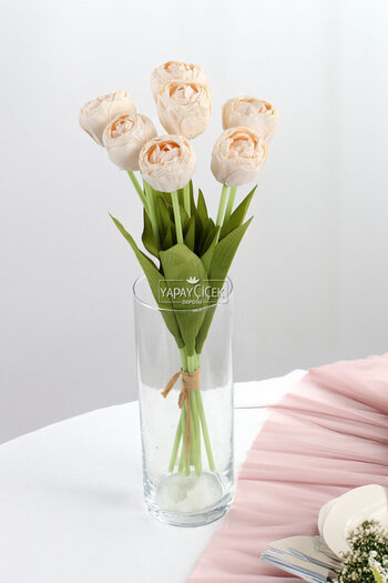 Yapay Çiçek Deposu Artificial Flower 7-Piece Luxury Dry Model Tulip Bouquet 40 cm Cream