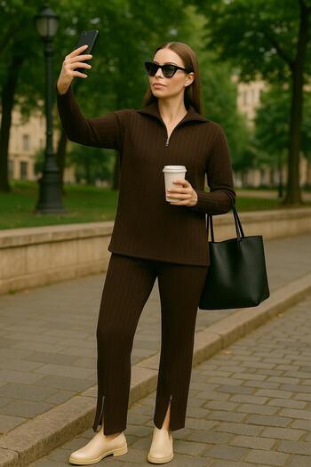 trivvy Women's Ribbed Collar Zippered Leg Slit Side Zippered Knitwear Set Etftt