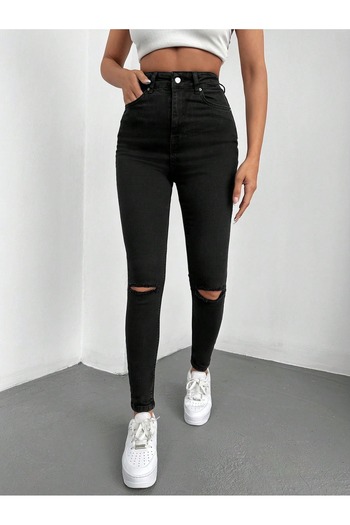 EmWay'S DENİM Women's High Waist Skinny Black Lycra Pants with Knee Ripping Detail