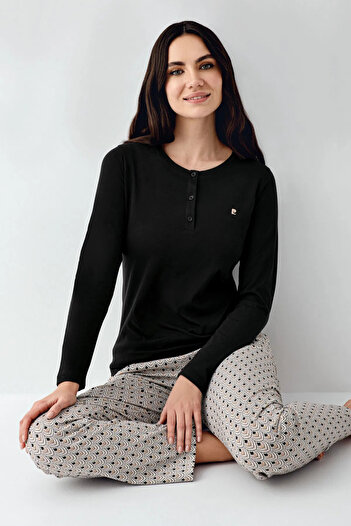 Pierre Cardin Women's Pajama Set, 50% Cotton & 50% Modal, Long Sleeve, Button Down, Collar, Pockets, Black