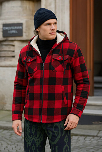 DAMGA JEANS Men's Oversize Plush Fur Hooded Lumberjack Jacket