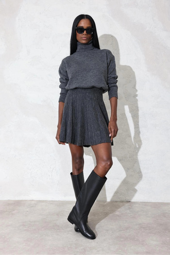 My Blog Anthracite Tight Pleated Hem Turtleneck Sweater Set - 7777