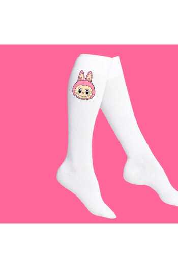 LİASSHOES Labulu Pink Printed White Knee-High Lycra Socks