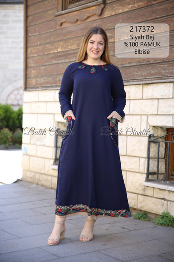 BUTİK OTANTİK %100 PAMUK ASTARLI LACİVERT BEJ ELBİSE 217372