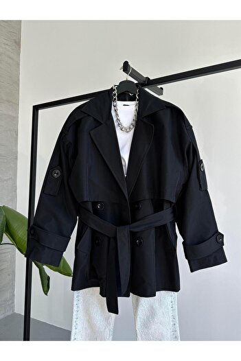 FERZOLAİO Perry Buttoned Short Black Trench Coat