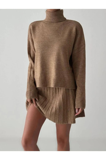 My Blog Camel Tight Pleated Skirt High-Top Sweater Set - 7777