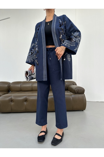 MİA NOURA Women's Front and Sleeves Pulpalet Embroidered Kimono Pants Set