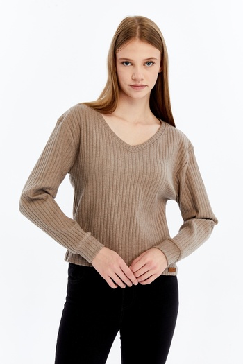 FHELIA Women's V-Neck Brown Cotton Comfortable Fit Sweater