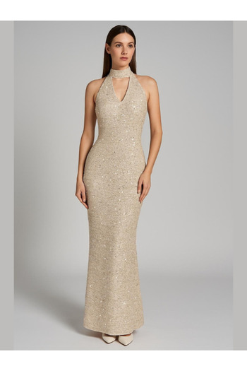 Nice Model Gold Sequin Halter Evening Dress Long Formal Gown Cut-Out Neck Shimmering Party Maxi Dress