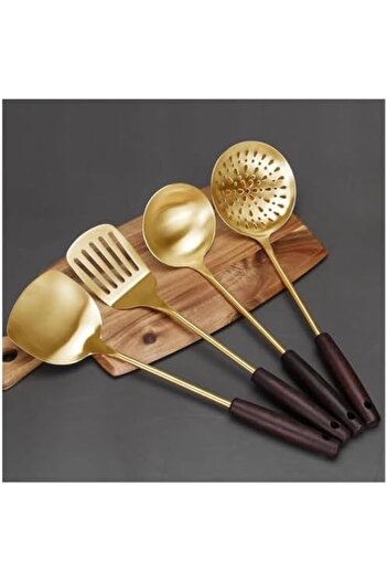 STOREMAX Kitchen Cooking Set - 4 Piece Long Wooden Handle Stainless Steel Spatula, Colander, Ladle - Luxury Dining S