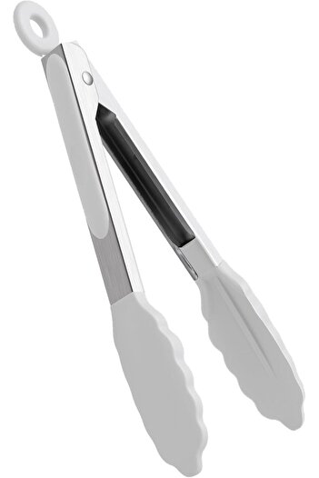STOREMAX White Silicone Tip Kitchen Tongs - 23 Cm, Stainless Steel Handle with Anti-Slip System, Grip, Barbecue,