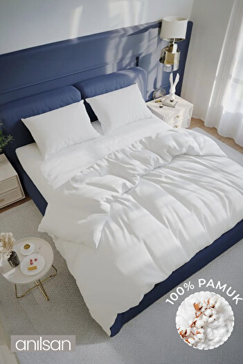 Anılsan Plain White Double Bed Sheet Set 100% Cotton, 63 Threads (Sheet+Pillowcase)
