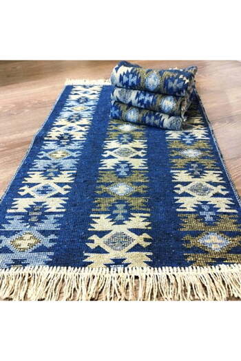 OEM Set of 4 Traditional Woven Rugs, Double-Sided, 60x200 cm, Blue, Rustic Model