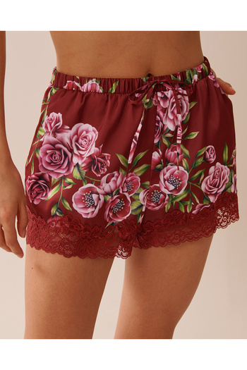La Vie en Rose Rose Print Satin and Lace Trim Shorts