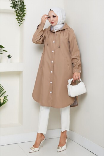Modamorfo Lined Striped Side Pocket Hooded Trench Coat - Mink