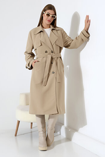 B.HE.Z Linen Fabric Below-The-Knee Lined Detachable Collar Buttoned New Style Trench Jeans Stone