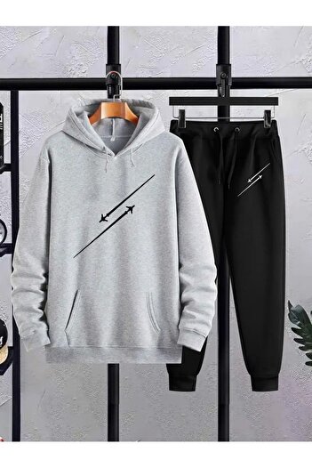 WOODROFFE Men's Airplane Printed Hooded Top and Bottom Black Gray Tracksuit Set Oversize Boyfriend