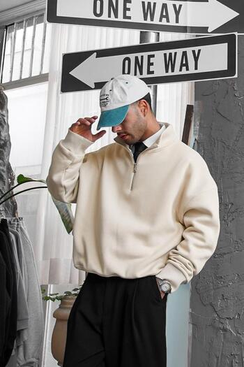 HAFKAGİYİM Cream Cozy Basic Half Zipper Oversize Sweatshirt