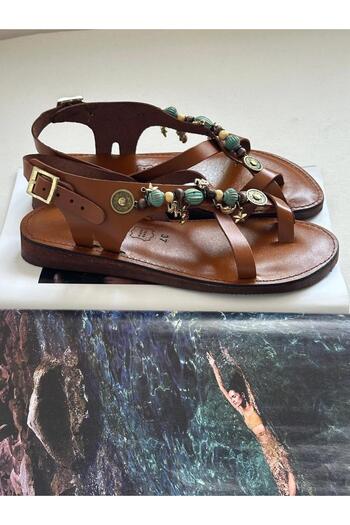 Zuum Torya 100% Genuine Leather Women's Flip-Flop Sandals with Accessories - Tan Leather