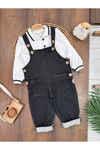 BEBENDY Denim Salopet Polo Collar Button Detailed Badili Baby Boy Suit