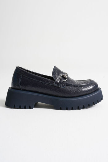 EMOYRA Lara Buckle Detailed Navy Blue Crocodile Printed Casual Loafer Shoes