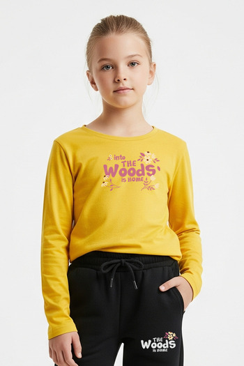 FYK COLLECTİON Zero Yaka the Woods Printed Girls' Basic Top-Bottom Set