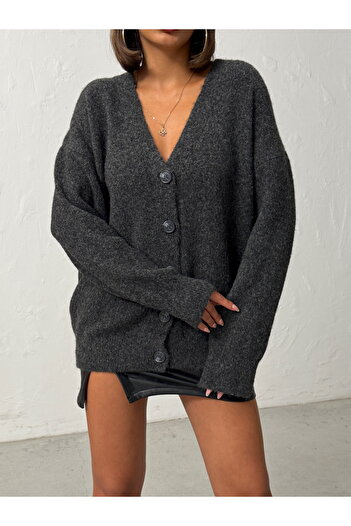 BEJNA Women's Black Off Shoulder V Neck Buttoned Soft Knitwear Cardigan