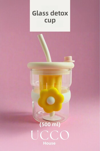 UCCO 500ml Daisy Patterned Glass Detox Thermos Flask Cup with Straw - Milk, Water, Soft Drink, Lemonade Cup