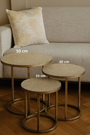 Rona Home Gold Patterned 3-Piece Coffee Table Cover Set Washable Pvc Dowry Cover Easy to Clean Classic Luxury Model