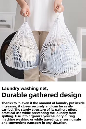 Meleni Home Set of 2 Curtains and Laundry Nets - Large Size Drawstring Laundry Net 60X80 cm White