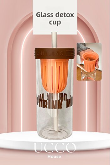 UCCO 600ml More Drink Glass Detox Flask with Straw Water Bottle Cup - Presentation Cup for Milk, Water, Soft Drinks, Lemonade