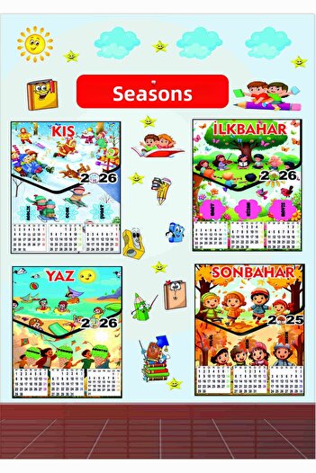 Göktuğ Hediyelik Poster școlar cu benzi de anotimpuri 2025 2026 cu calendar, școală, grădiniță, grădiniță, perete pentru liceu 100X60 cm