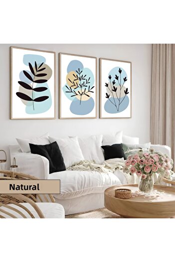 Harikabirev Children's Room Living Room-Minimalist Modern Bohemian Blue-Grey Leafyx3 | Wooden Framed 3-Piece Mdf Ahmdf