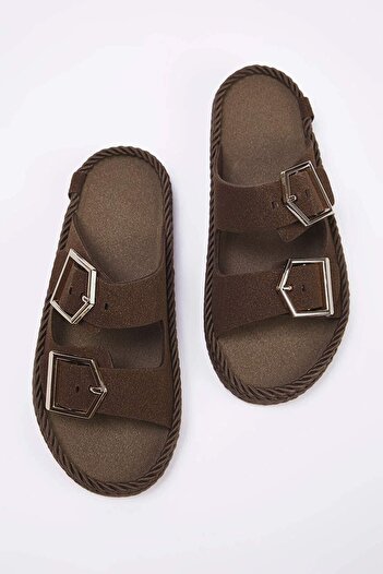 TRENDYOL SHOES Brown Double Striped Gold Antique Buckle Women's Thick Sole Slippers Takss25Sd00073