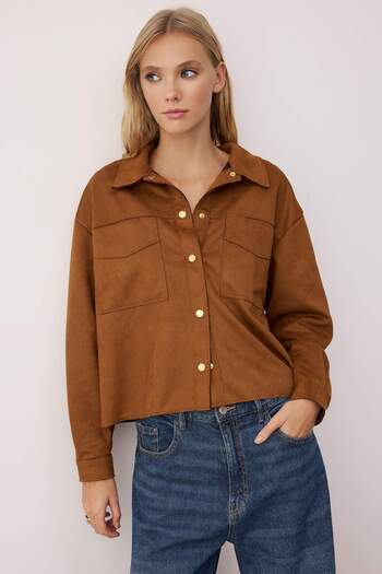Trendyol Collection Brown Gold Button Detailed Suede Shirt Jacket Twoaw26Ce00016