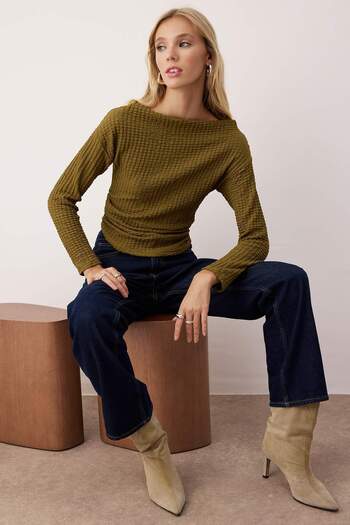 Trendyol Collection Khaki Textured Asymmetric Boat Neck Gathered Stretchy Knitted Blouse Twoaw26Bz00192